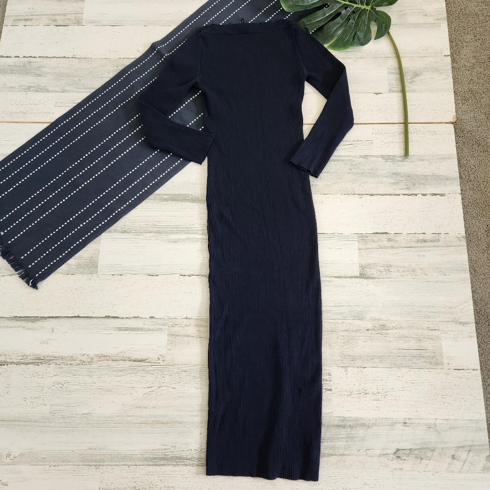 Theory Ribbed Long Sleeve Midi Sweater Dress Navy Size Small